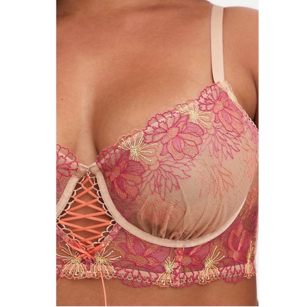 TORRID (00/0) Sheer Lace Underwire Bra & Brief Set in Nude with Pink Embroidery - Picture 2 of 5